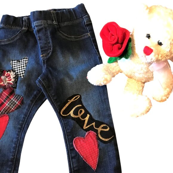 Upcycled Patchwork Jeans, Toddler Size 24 Months: Handmade Heart & Love Patches - Picture 14 of 15